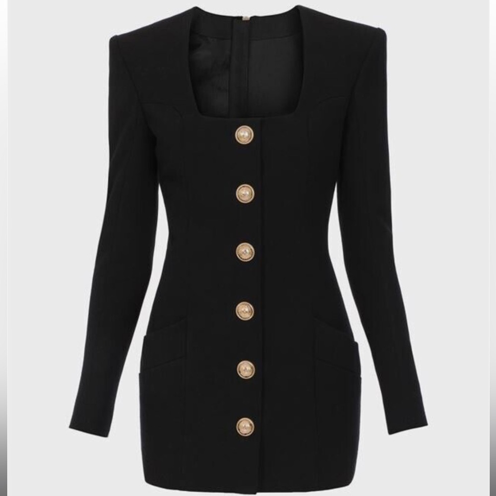 BALMAIN BLACK WOOL BUTTON DRESS